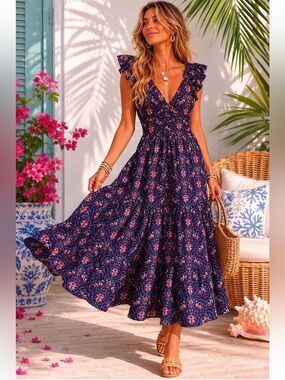 New Caroline Constas Navy Pansy Ruffle Tiered Smocked Maxi Dress XS